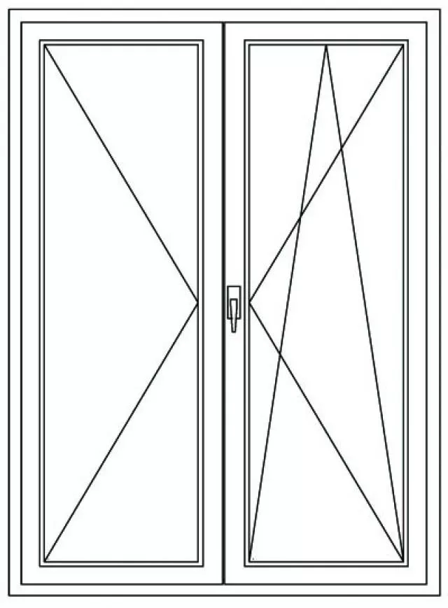 Balkonové dveře 150x210cm, bílé, otevíravé a sklopné, dvoukřídlé - technický nákres